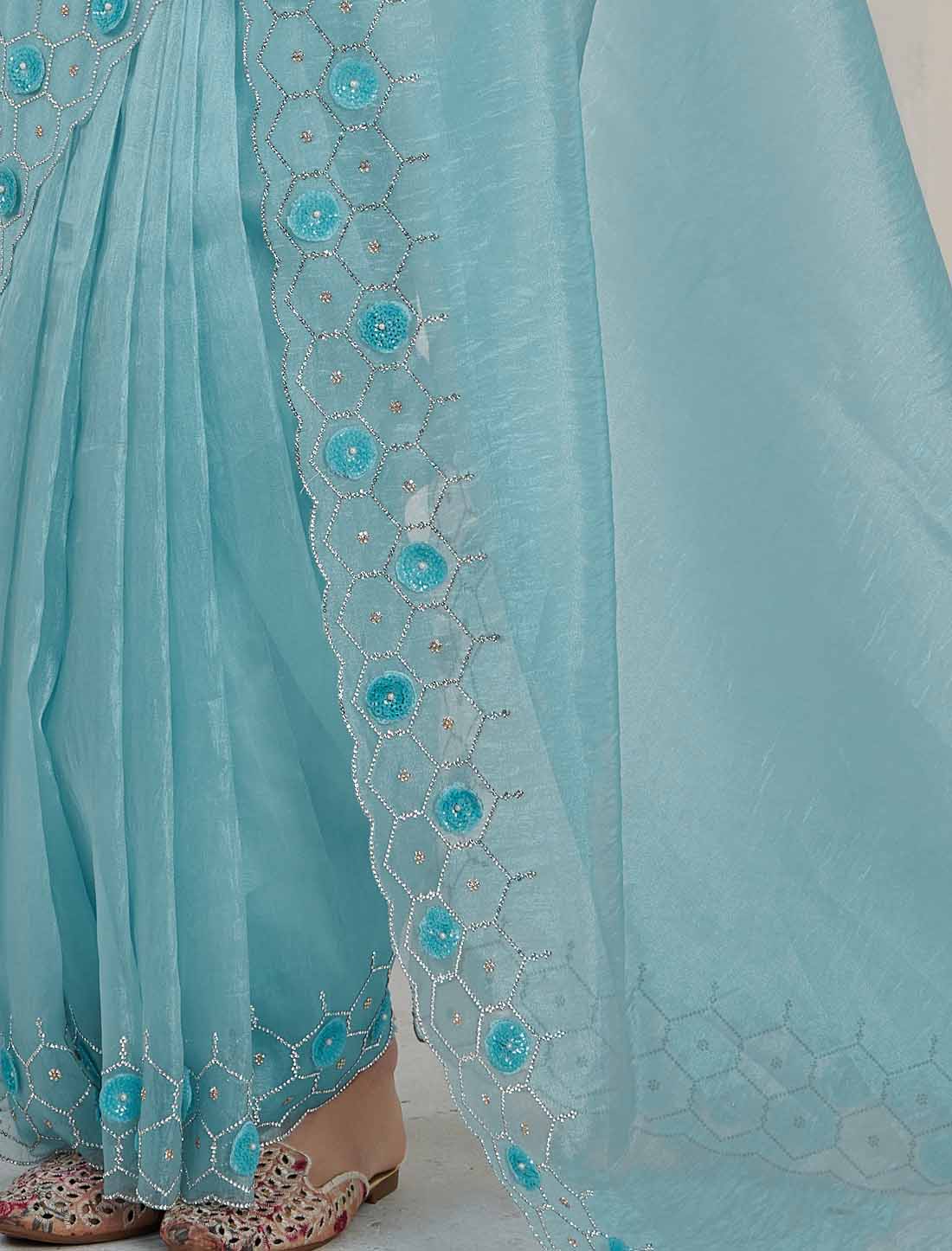Sky Blue Designer Supreme Soft Organza Hand Work Heavy Jarkan Saree