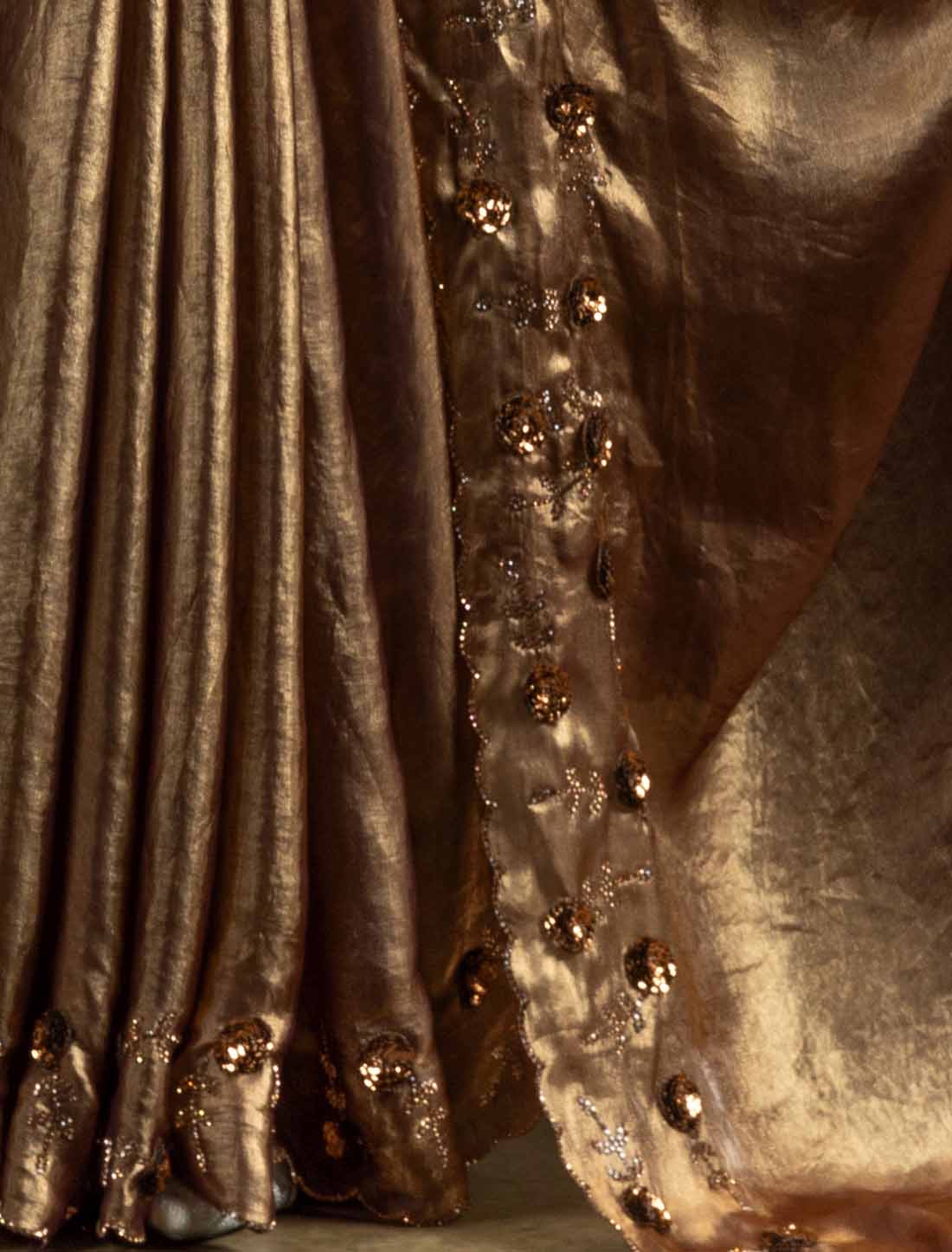 Two Tone Satin Silk Handwork Sequin Work Ethnic Un-Stitched Designer Saree