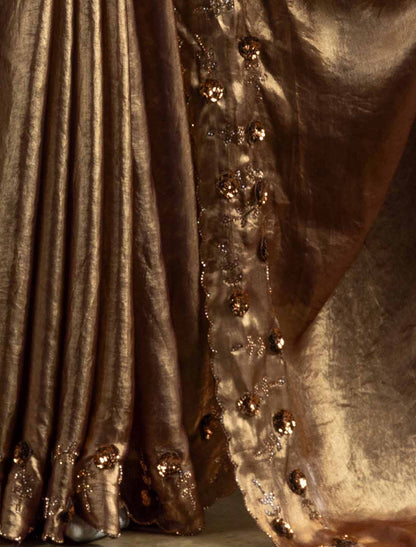 Two Tone Satin Silk Handwork Sequin Work Ethnic Un-Stitched Designer Saree