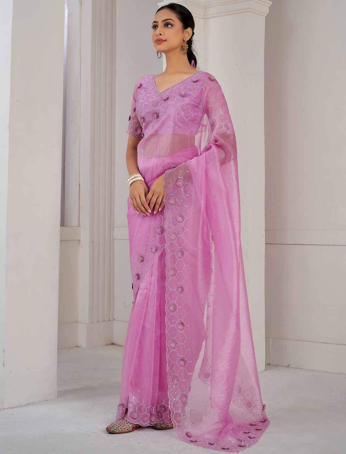Designer Pink Supreme Soft Organza Hand Work Heavy Jarkan Saree