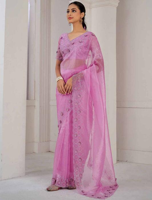 Designer Pink Supreme Soft Organza Hand Work Heavy Jarkan Saree