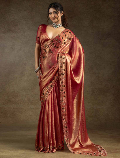 Ethnic Two Tone Satin Silk Handwork Sequin Work Un-Stitched Saree