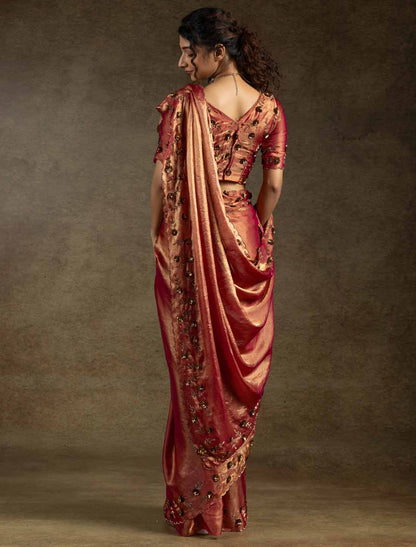 Ethnic Two Tone Satin Silk Handwork Sequin Work Un-Stitched Saree