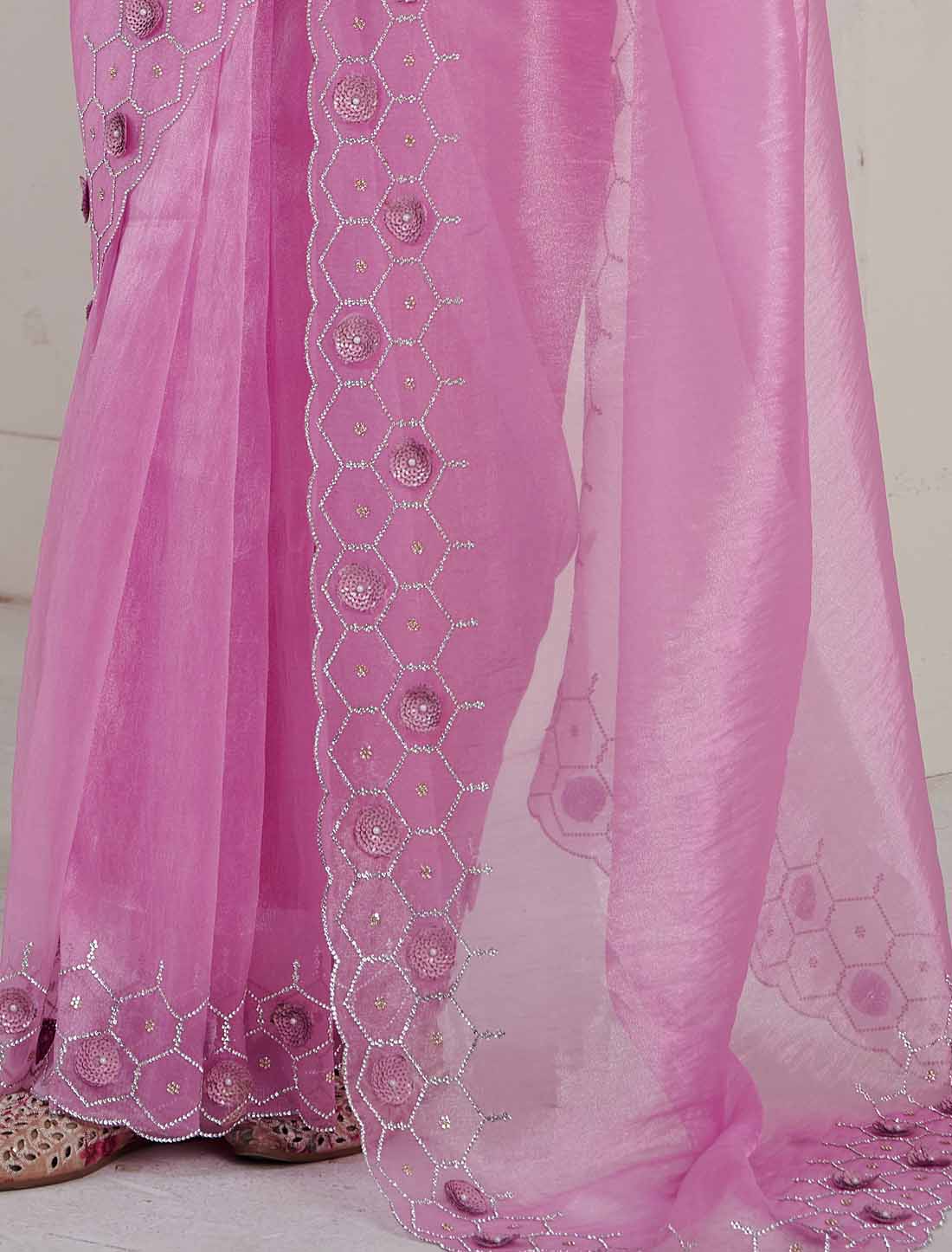 Designer Pink Supreme Soft Organza Hand Work Heavy Jarkan Saree