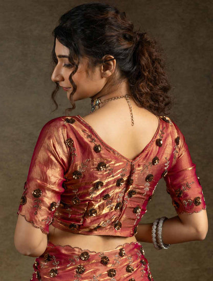 Ethnic Two Tone Satin Silk Handwork Sequin Work Un-Stitched Saree