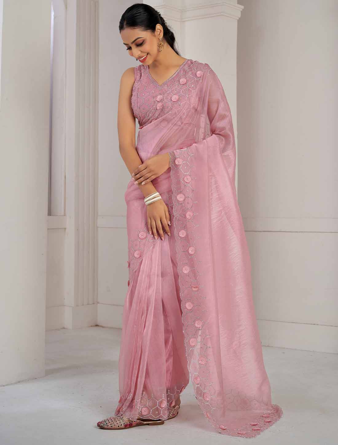 Peach Designer Supreme Soft Organza Hand Work Heavy Jarkan Saree