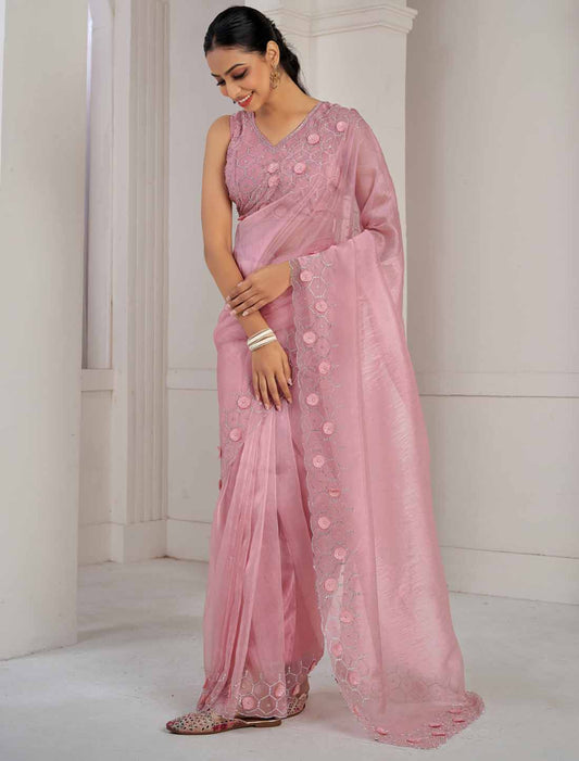 Peach Designer Supreme Soft Organza Hand Work Heavy Jarkan Saree