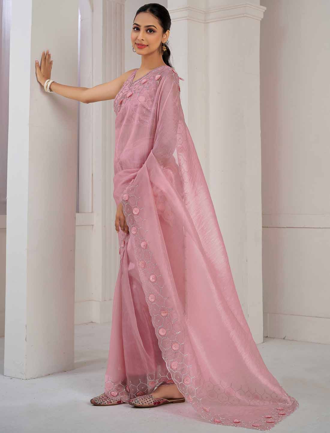 Peach Designer Supreme Soft Organza Hand Work Heavy Jarkan Saree