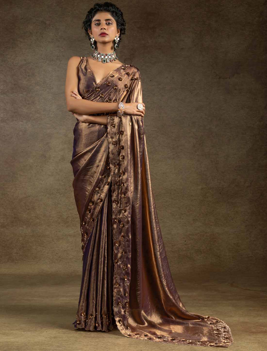 Designer Two Tone Satin Silk Handwork Sequin Work Un-Stitched Ethnic Saree