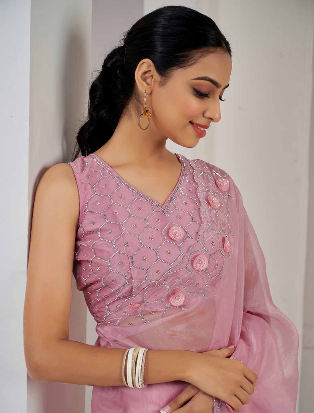 Peach Designer Supreme Soft Organza Hand Work Heavy Jarkan Saree