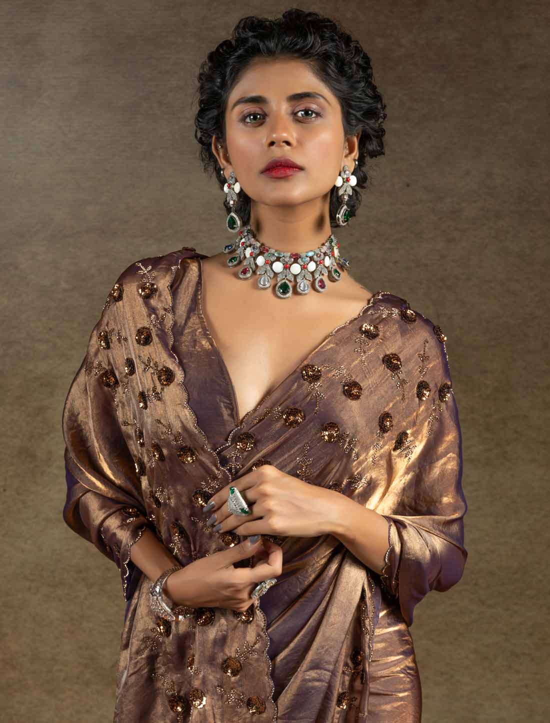 Designer Two Tone Satin Silk Handwork Sequin Work Un-Stitched Ethnic Saree
