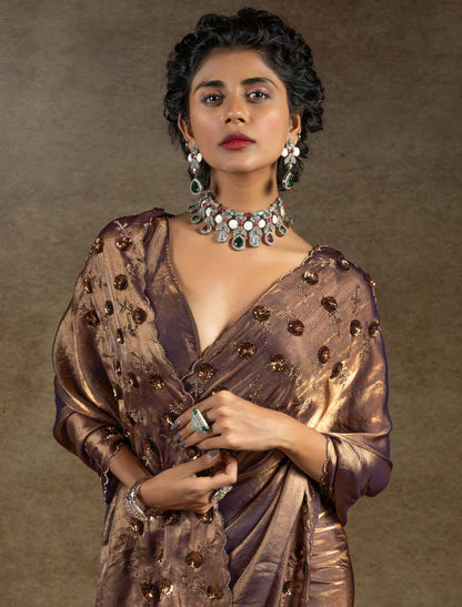 Designer Two Tone Satin Silk Handwork Sequin Work Un-Stitched Ethnic Saree