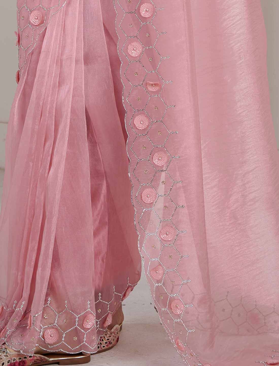 Peach Designer Supreme Soft Organza Hand Work Heavy Jarkan Saree