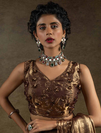 Designer Two Tone Satin Silk Handwork Sequin Work Un-Stitched Ethnic Saree