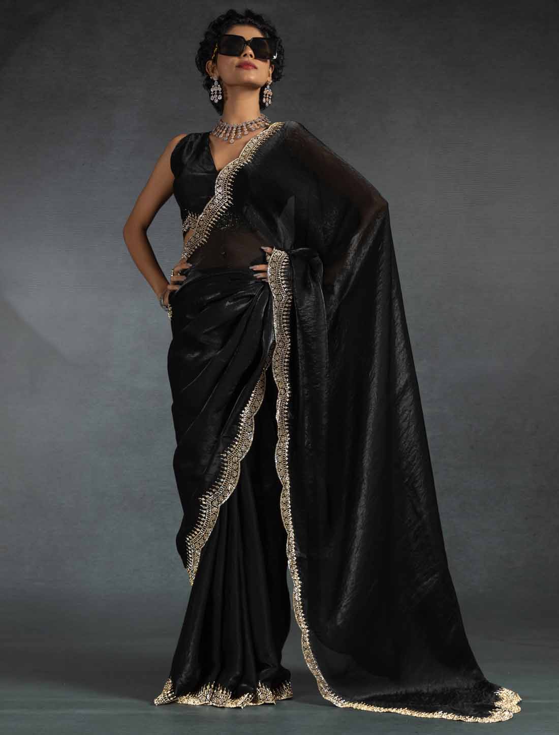 Black Two Tone Satin Silk Handwork Party Wear Designer Saree