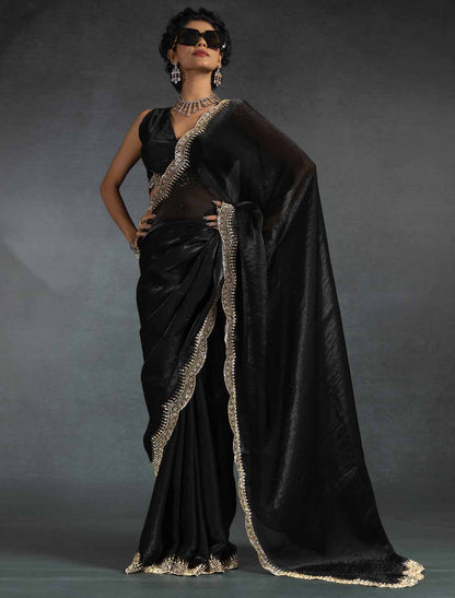 Black Two Tone Satin Silk Handwork Party Wear Designer Saree