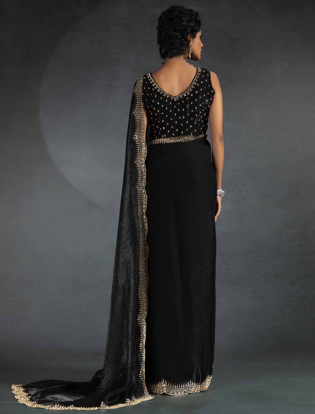 Black Two Tone Satin Silk Handwork Party Wear Designer Saree