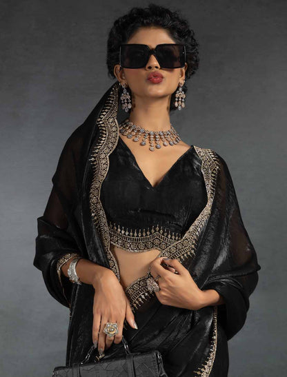 Black Two Tone Satin Silk Handwork Party Wear Designer Saree