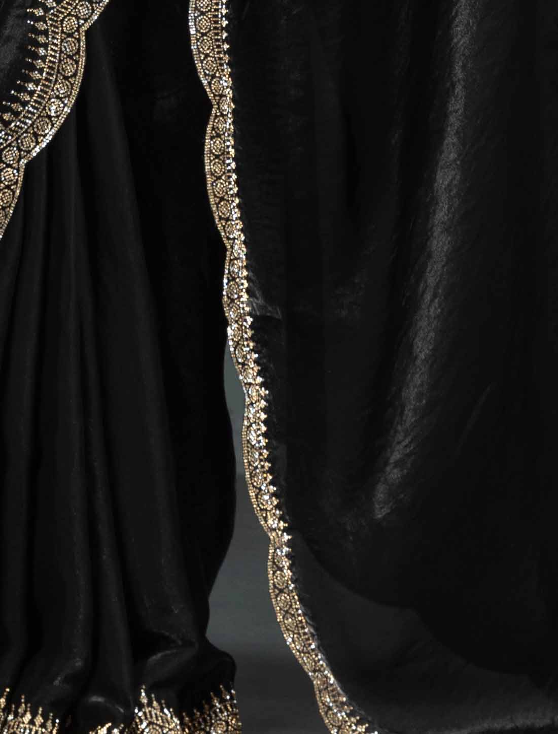 Black Two Tone Satin Silk Handwork Party Wear Designer Saree
