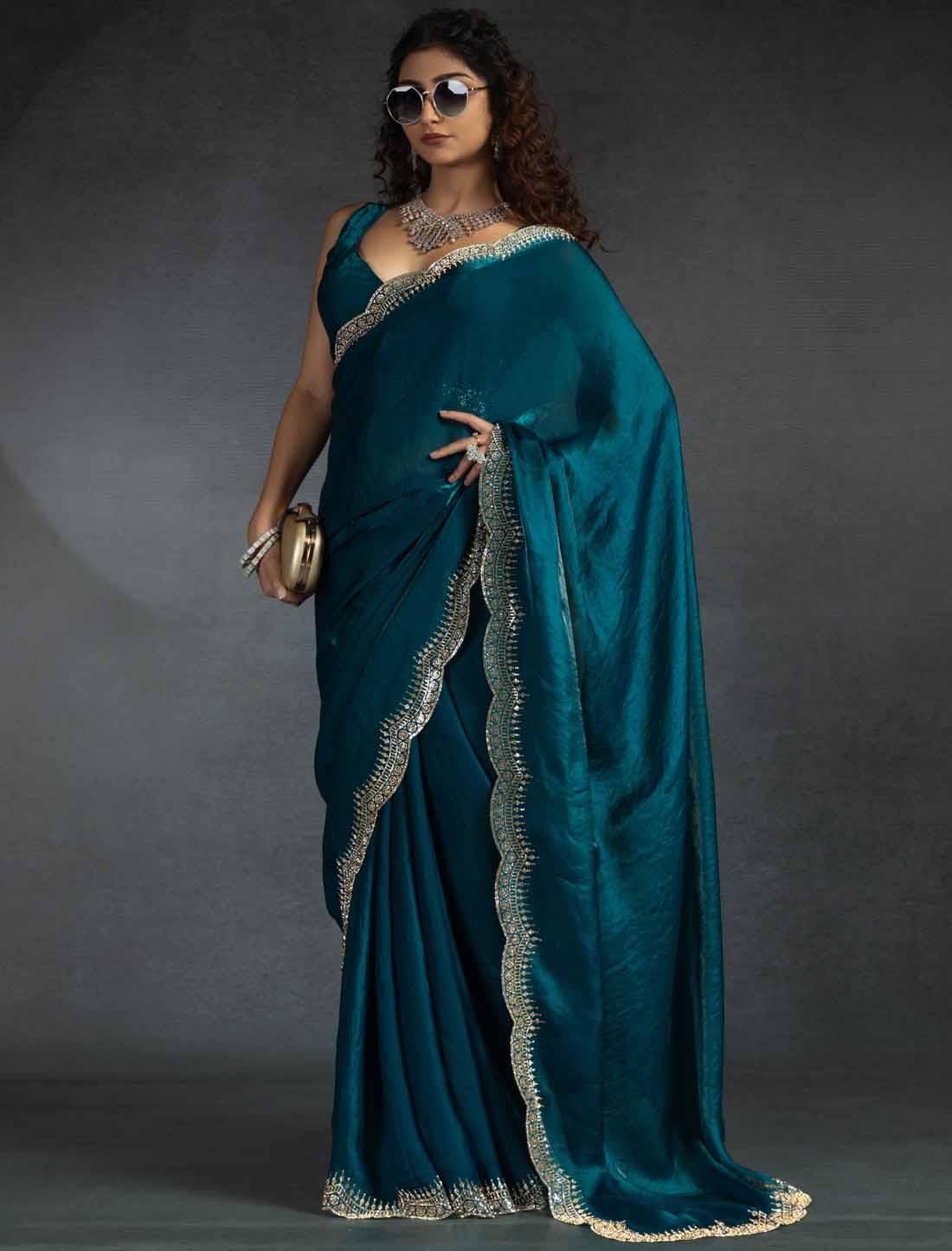 Blue Two Tone Satin Silk Handwork Party Wear Designer Saree