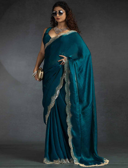 Blue Two Tone Satin Silk Handwork Party Wear Designer Saree