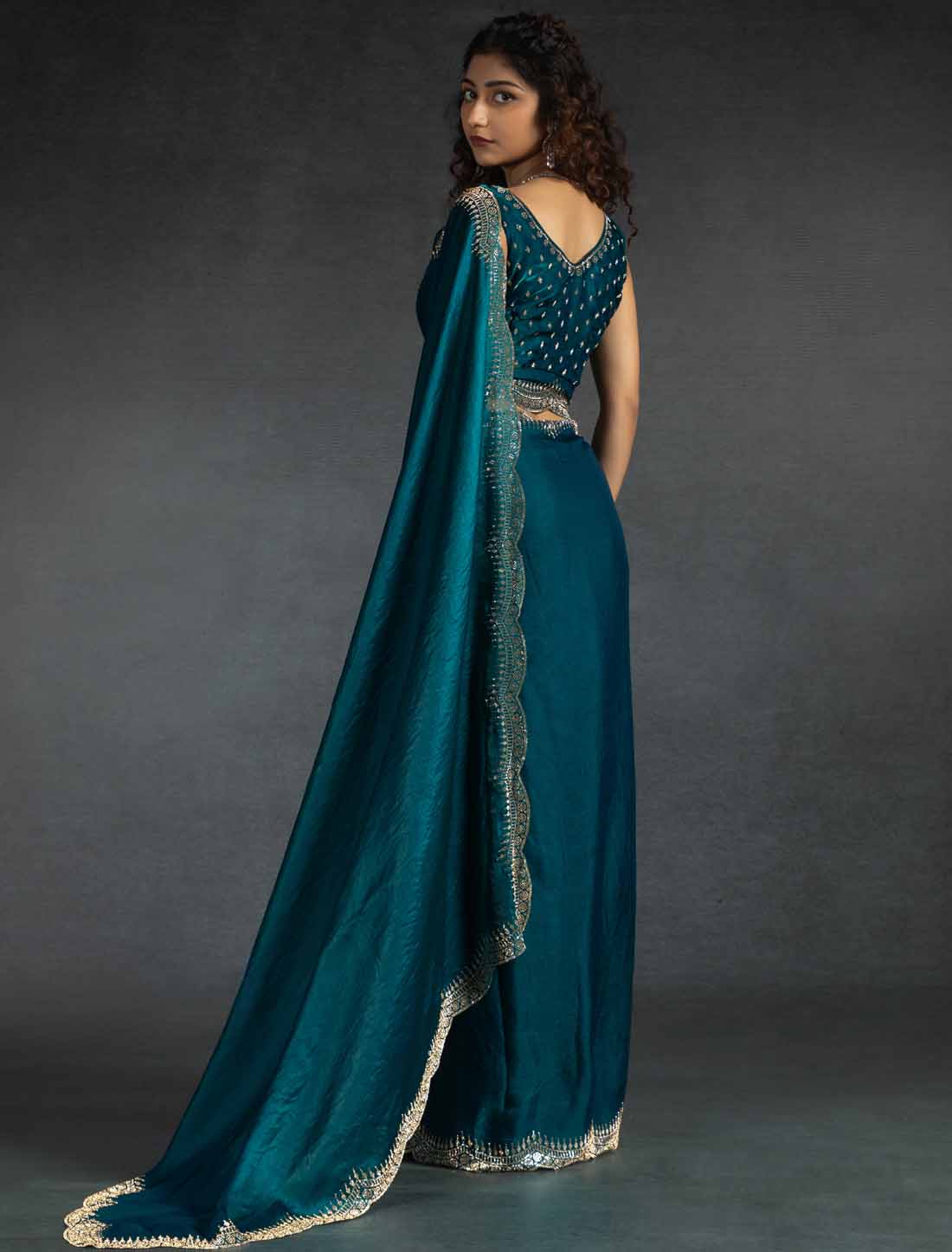 Blue Two Tone Satin Silk Handwork Party Wear Designer Saree