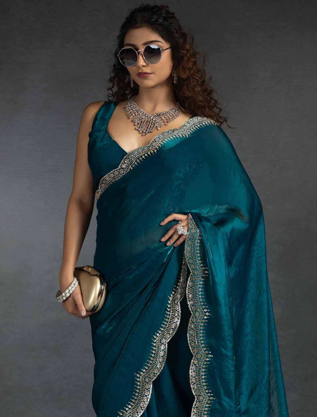 Blue Two Tone Satin Silk Handwork Party Wear Designer Saree