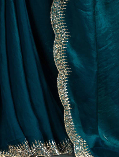 Blue Two Tone Satin Silk Handwork Party Wear Designer Saree