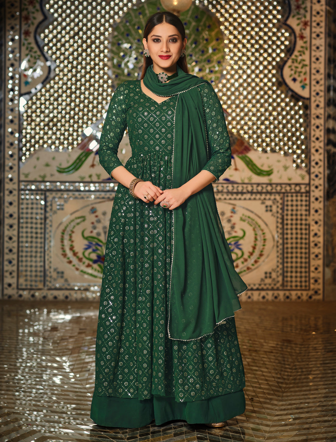 Green Georgette Anarkali Salwar Suit with Sequins Embroidery