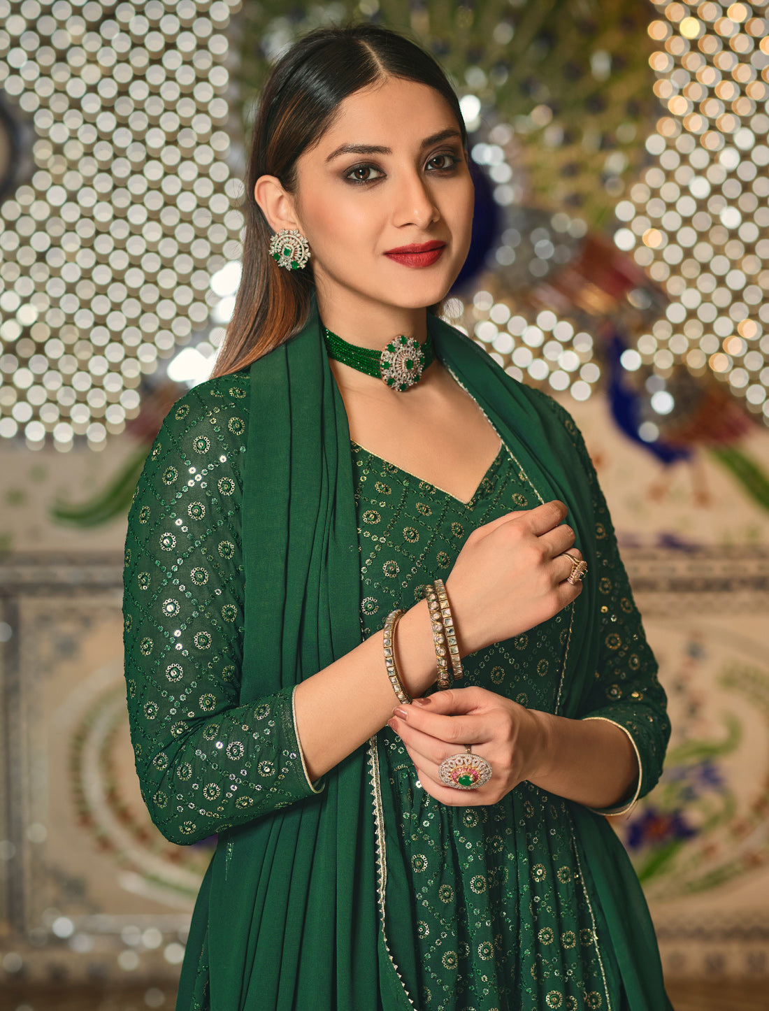 Green Georgette Anarkali Salwar Suit with Sequins Embroidery