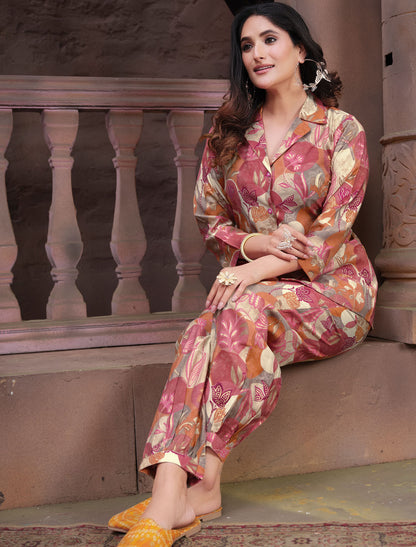 Ethereal Premium Charm Chanderi Print Top & Pant Co-ord Set For Women