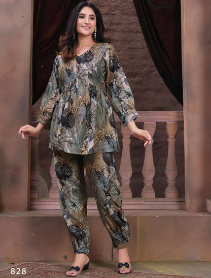 Blossom Delight Women Premium Chanderi Export Quality Print Ensemble Co-ord Set