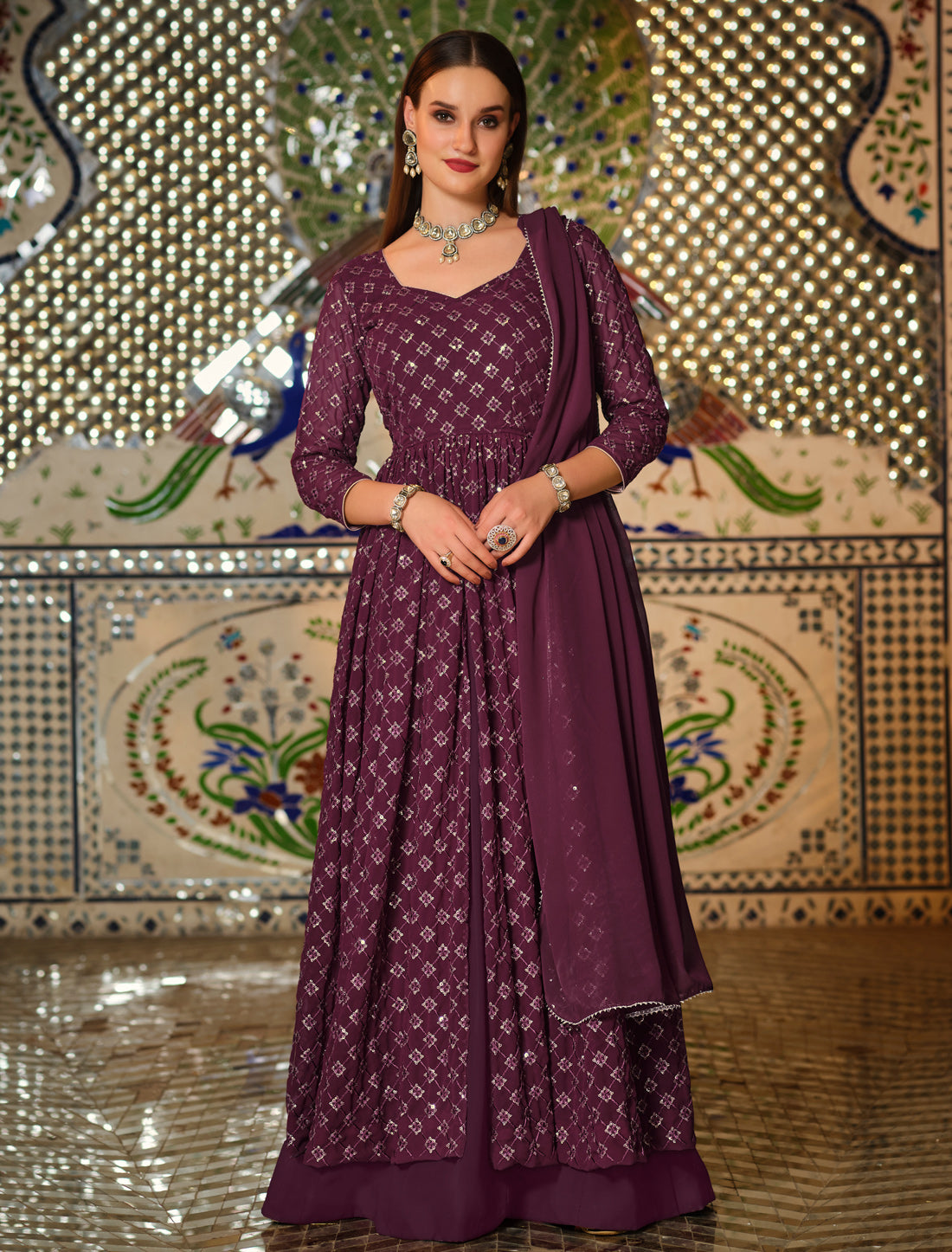 Wine Georgette Anarkali Salwar Suit with Sequins Embroidery