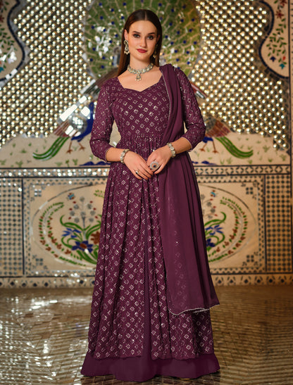 Wine Georgette Anarkali Salwar Suit with Sequins Embroidery