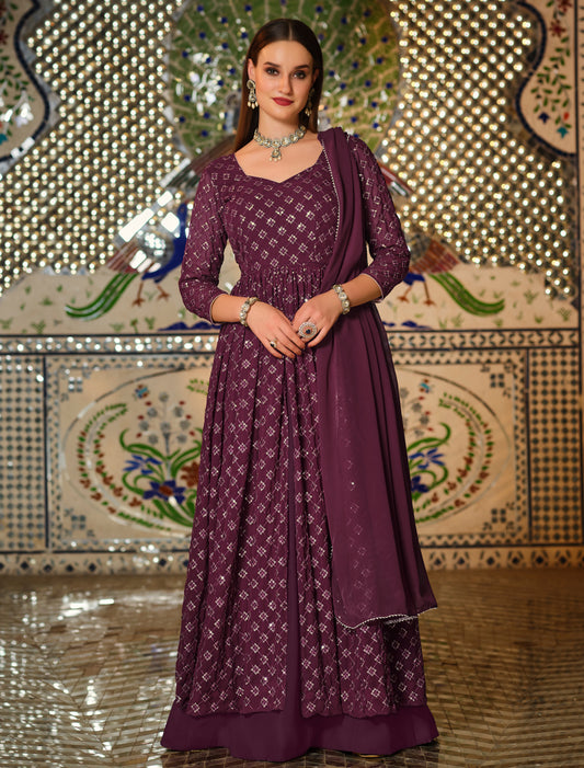 Wine Georgette Anarkali Salwar Suit with Sequins Embroidery