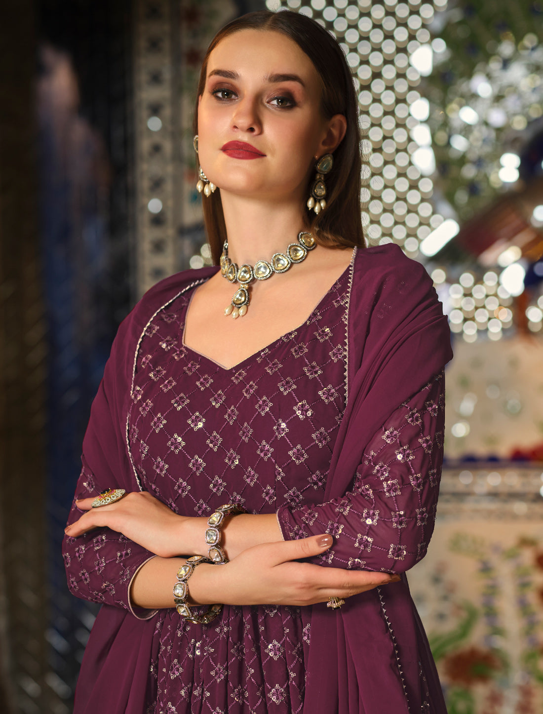 Wine Georgette Anarkali Salwar Suit with Sequins Embroidery