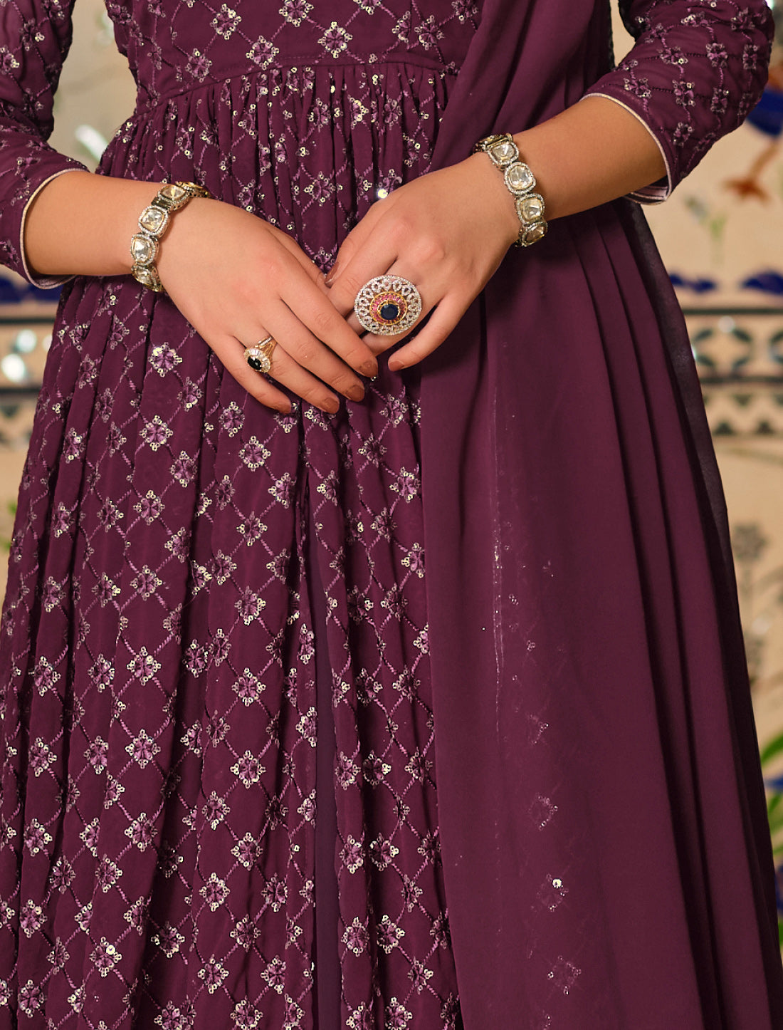 Wine Georgette Anarkali Salwar Suit with Sequins Embroidery