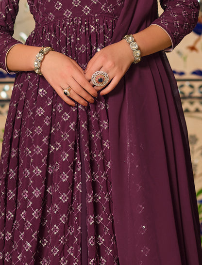 Wine Georgette Anarkali Salwar Suit with Sequins Embroidery