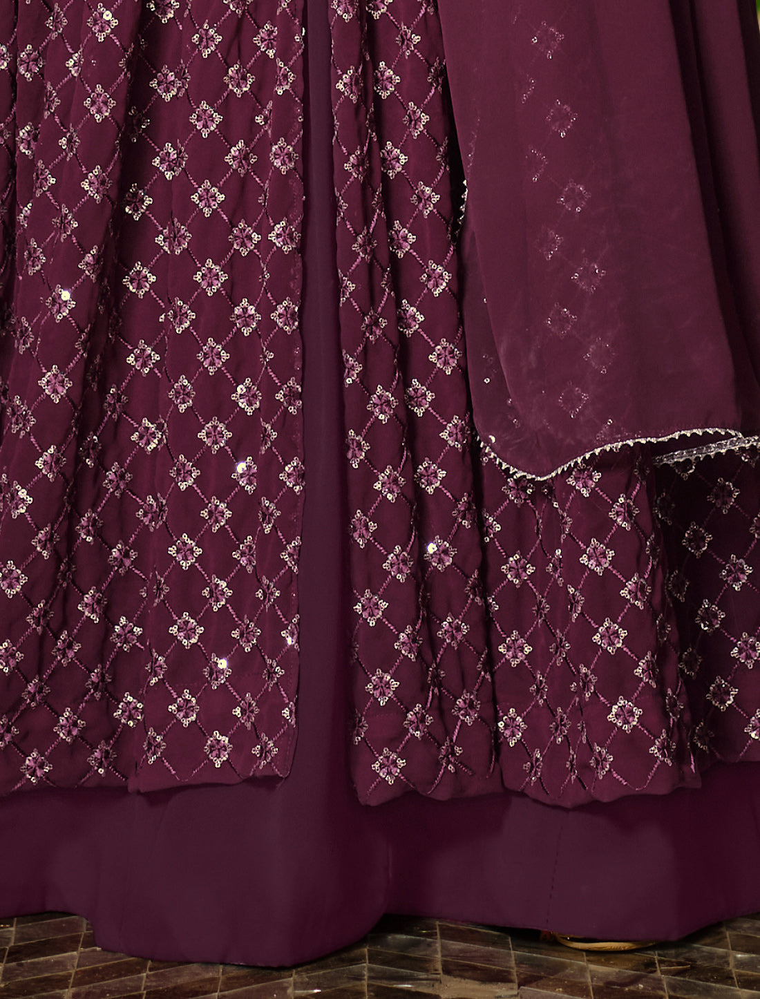 Wine Georgette Anarkali Salwar Suit with Sequins Embroidery