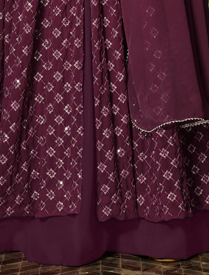Wine Georgette Anarkali Salwar Suit with Sequins Embroidery