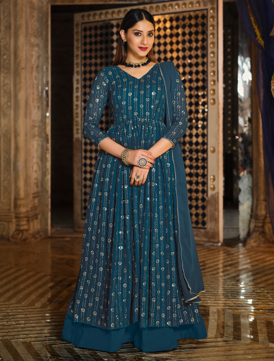 Teal Georgette Anarkali Salwar Suit with Sequins Embroidery