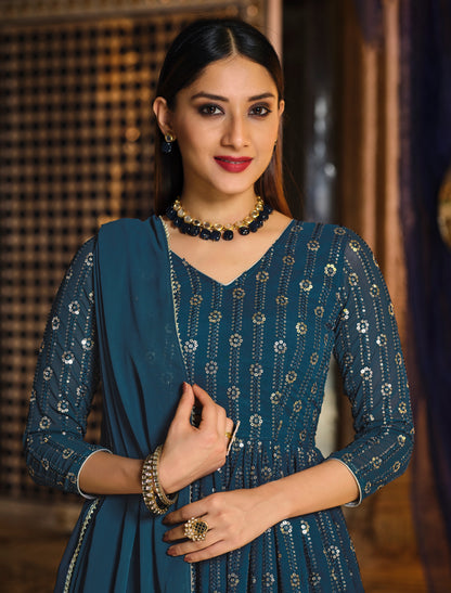 Teal Georgette Anarkali Salwar Suit with Sequins Embroidery