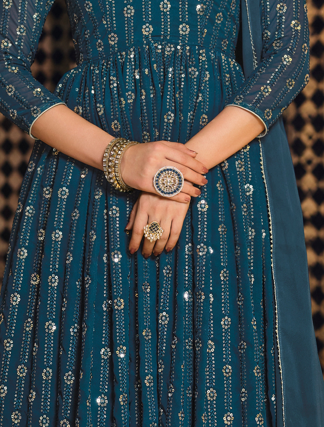 Teal Georgette Anarkali Salwar Suit with Sequins Embroidery
