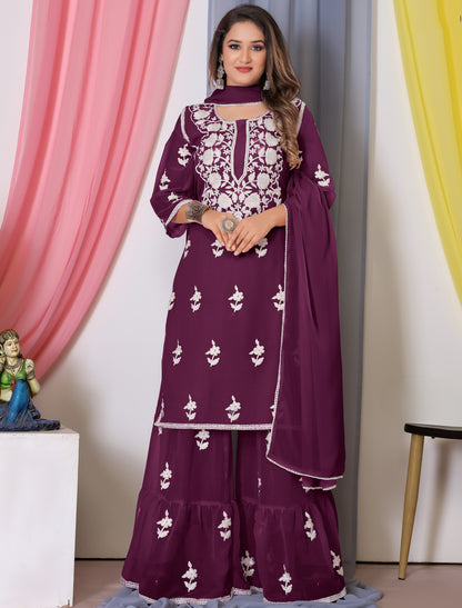 Ethnic Dark Purple Bamberg Georgette With Cotton Embroidery Kurta Sets