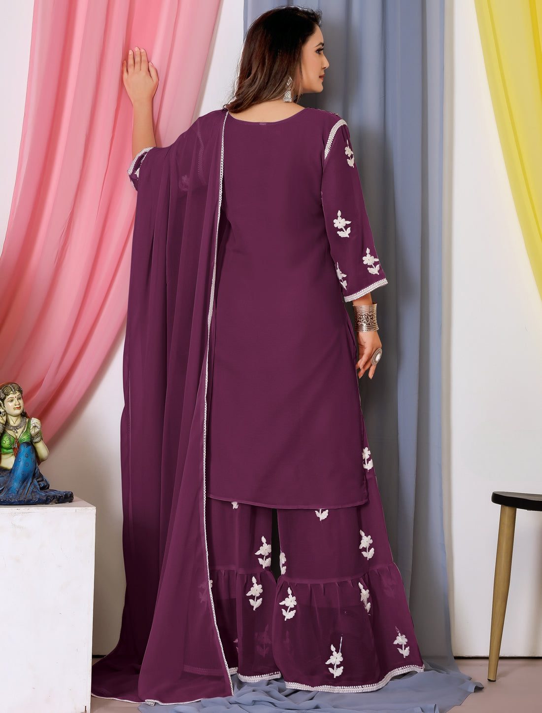 Ethnic Dark Purple Bamberg Georgette With Cotton Embroidery Kurta Sets