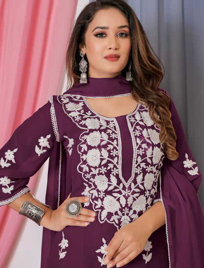 Ethnic Dark Purple Bamberg Georgette With Cotton Embroidery Kurta Sets