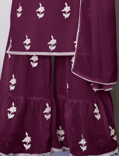 Ethnic Dark Purple Bamberg Georgette With Cotton Embroidery Kurta Sets