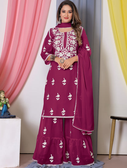 Maroon Bamberg Georgette With Cotton Embroidery Ethnic Kurta Sets