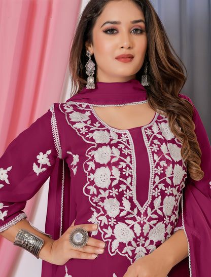Maroon Bamberg Georgette With Cotton Embroidery Ethnic Kurta Sets