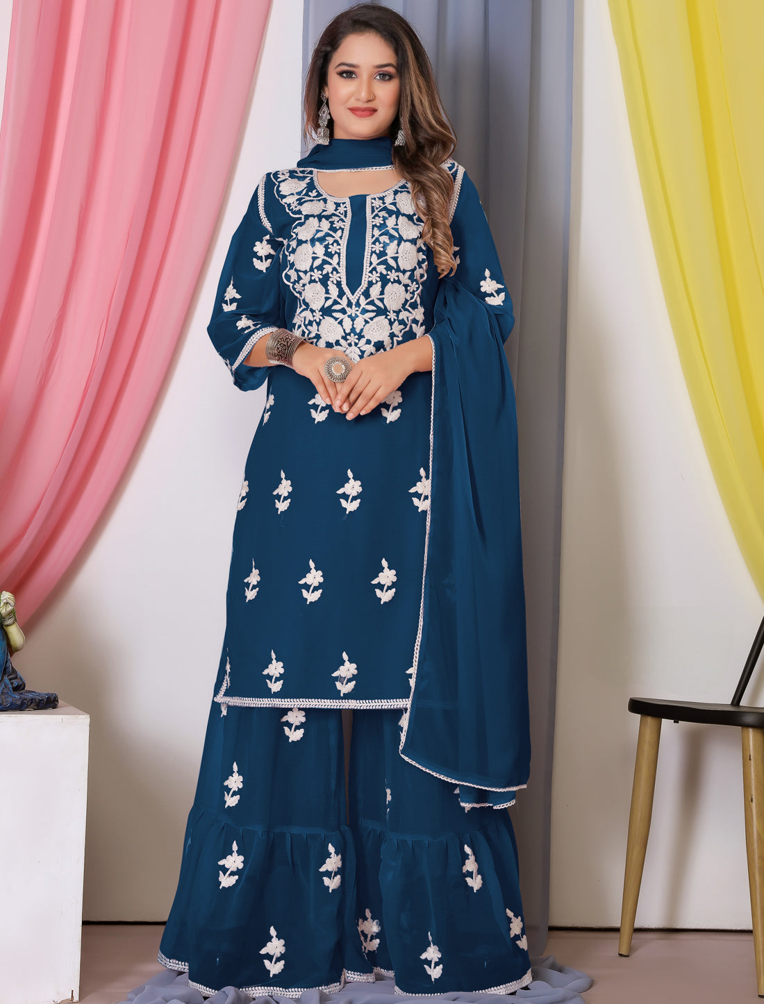 Teal Blue Ethnic Bamberg Georgette With Cotton Embroidery Kurta Sets